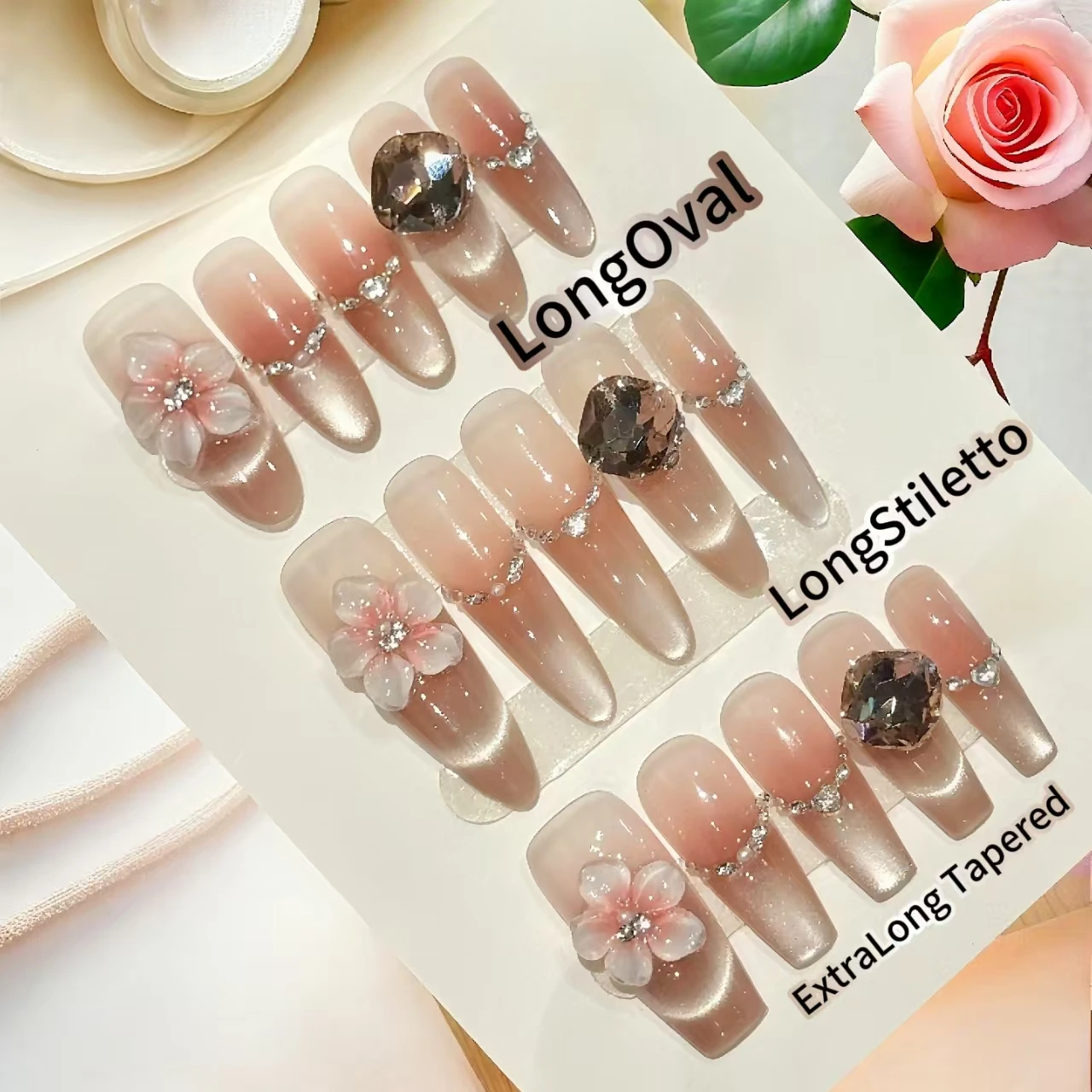 

10PCS【Smoky White Petals】Pure and Soft 3D Floral Rhinestone Cat-Eye Press-On Nails With 4-PIECE Tools Super Nail Adhesive Tabs