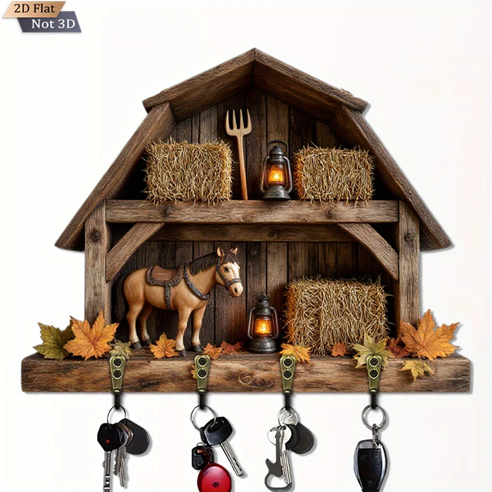 Horse & Bale Decor - Rustic Farmhouse Key Holder - Wood Wall-Mounted Key & Accessory Organizer with 4-Hook Barn Door Design,