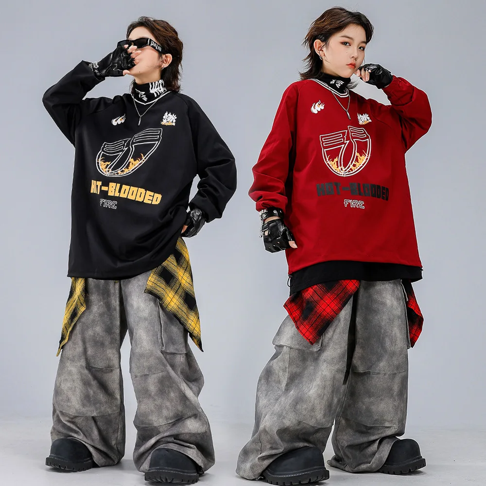 Children Boys Girls Streetwear Hip Hop Loose Sweatshirt Tee Cargo Pants Track Suits Sets Kids Dance Costume Performance Clothes