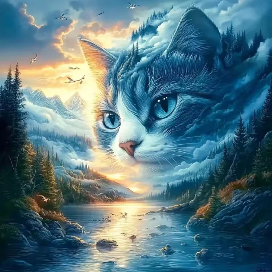 

5D Diamond Painting fantasy Cat Animal DIY Mosaic Full River sunset Mountain Landscape Diamond Embroidery forest view home decor