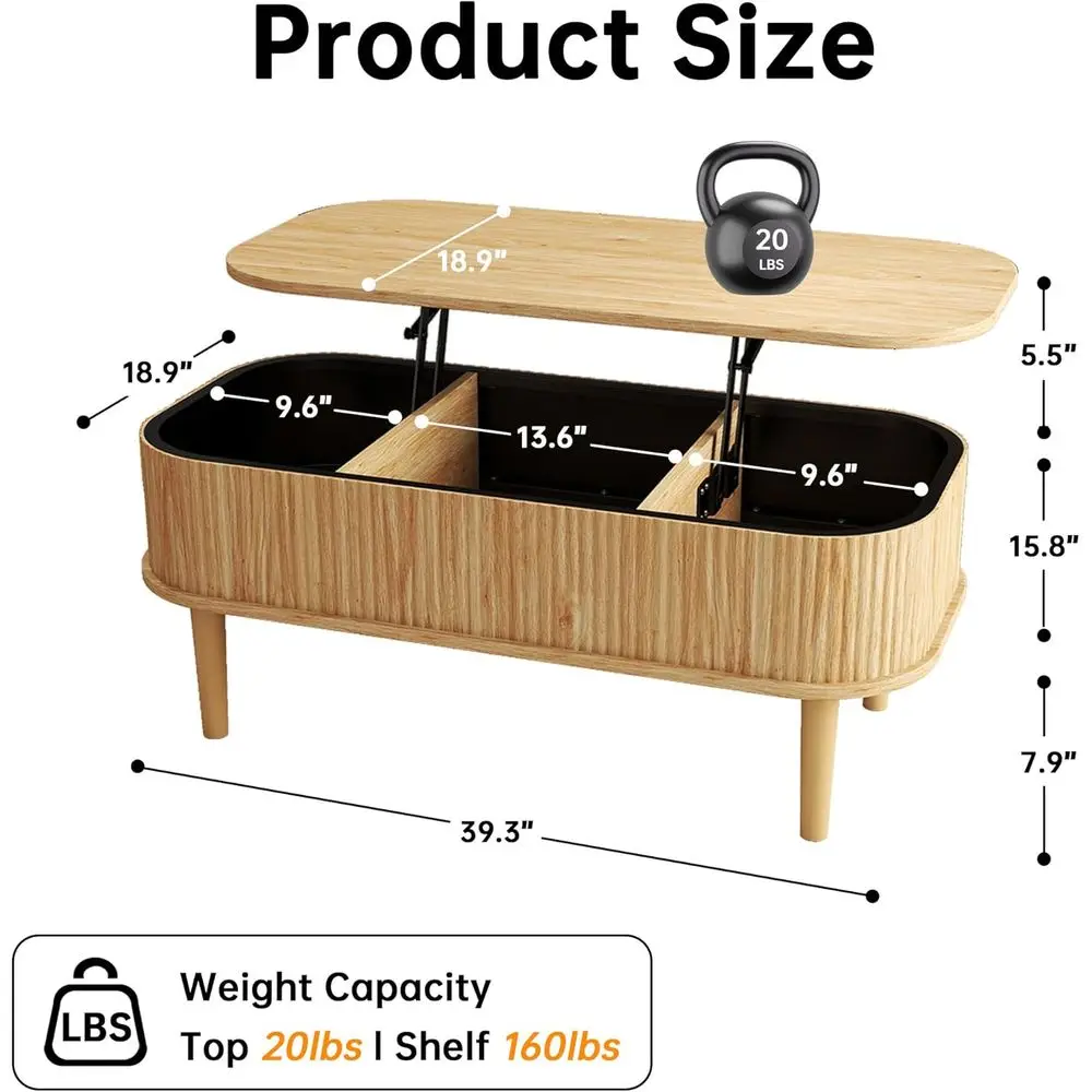 Mid-Century Oval Lift-Top Coffee Table with Storage, Natural Finish, Ideal for Living Rooms, Offices, and Compact Spaces