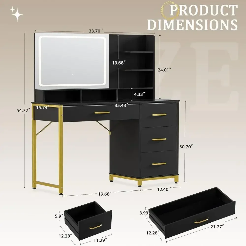 Large Makeup Vanity Desk with Mirror, Lights, Storage, and Adjustable Brightness, Black