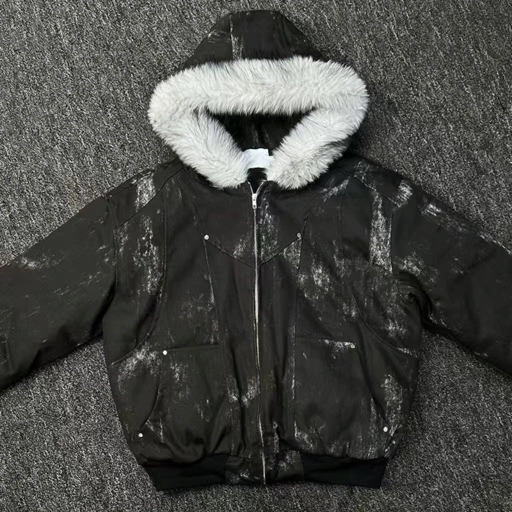 Schwarze Retro Wollkragen verdickte Baumwolljacke Männer und Frauen Y2K American Fashion Punk 2000S Vintage lose Freizeitjacken