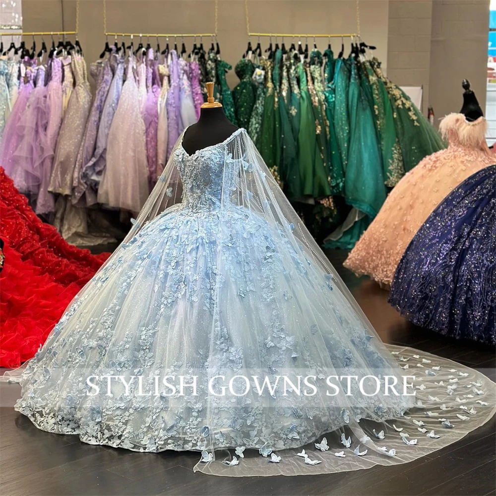 Princess Sky Blue Sweetheart Ball Gown Quinceanera Dress Beaded Birthday Prom Dresses For Girl 3D Flowers With Cape Lace Up Back