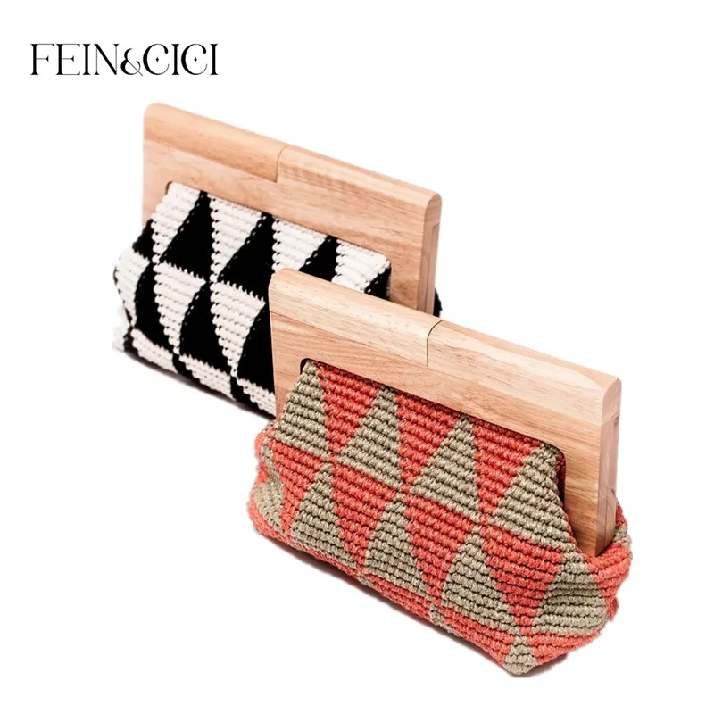 Designer Crochet clutch bag wood handle clasp purse woven Jacquard bag women 2022 autumn winter warm handbag