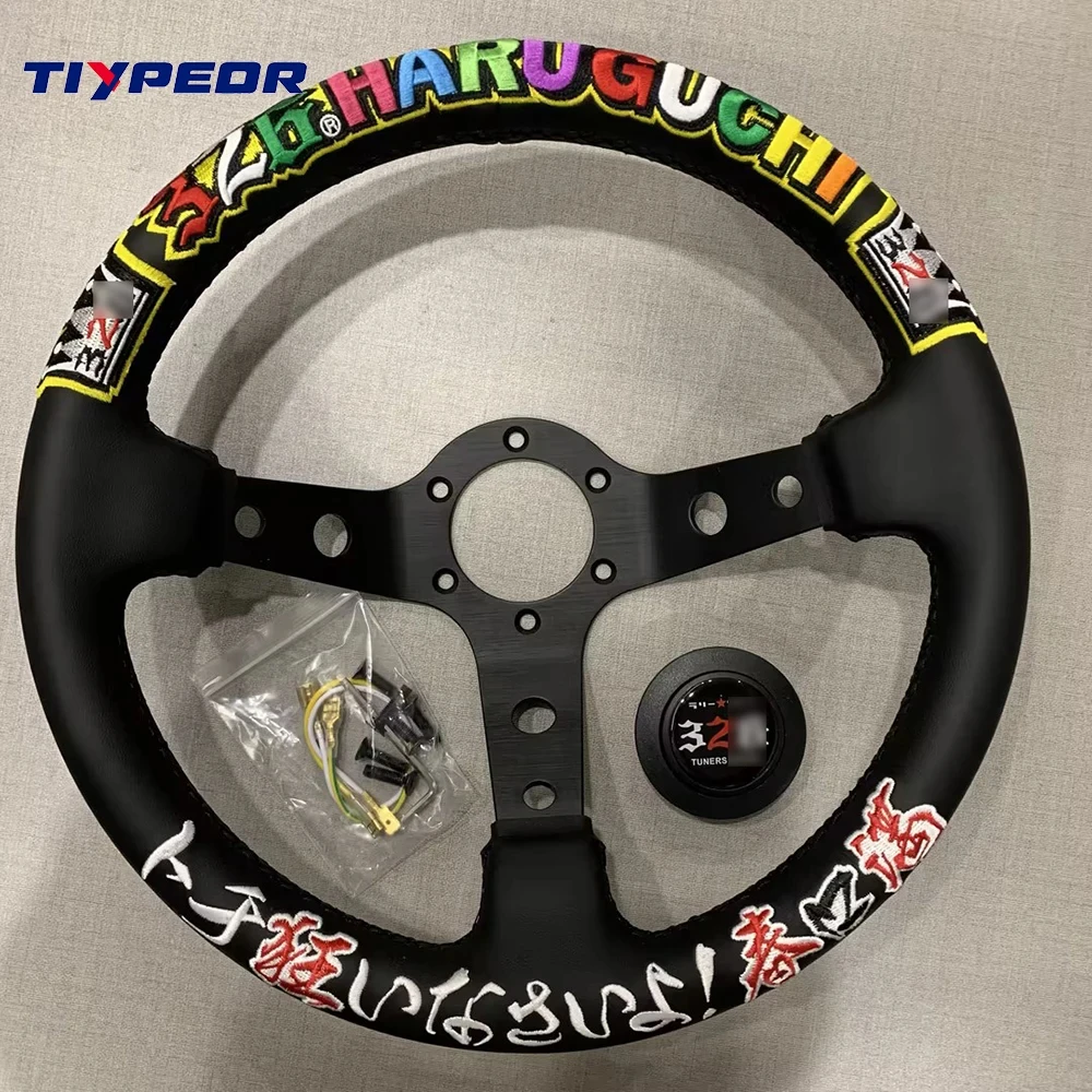 JDM new style 330mm Diameter Japanese Text Embroidery Microfiber Leather Deep Dish Car Steering Wheel 326POWER Steering