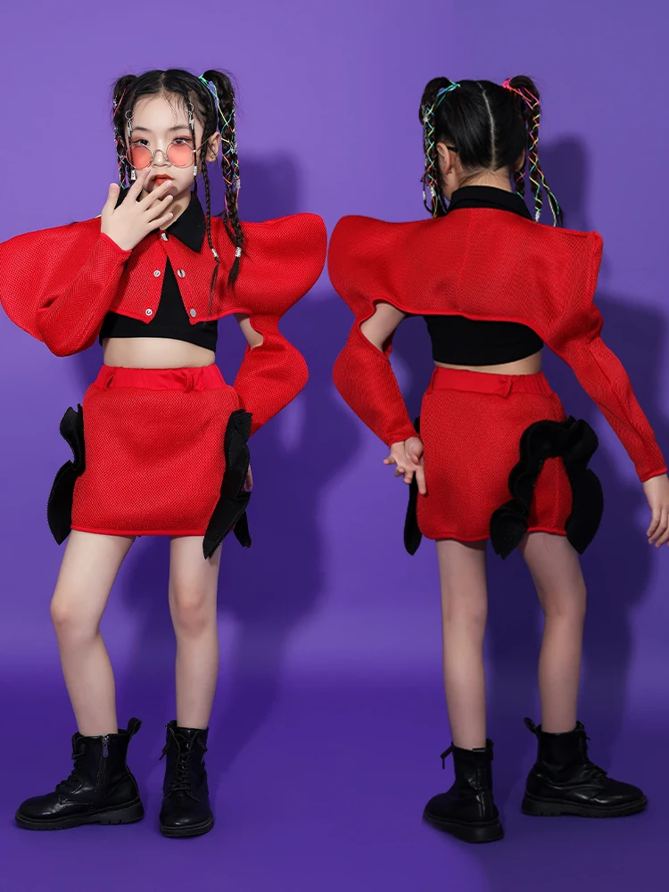 

Fly Shoulder Stage Costume For Girls Red Performance Outfit Jazz Dance Clothes Kids Hip Hop Clothing Catwalk Fashion Wear L10392