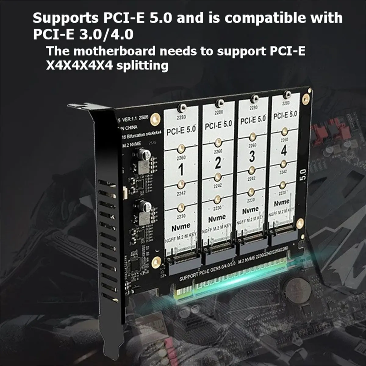 PCIe X16 to 4 NVMe SSD Expansion Card M.2 2280 Adapter Solid State Hard Disk Converter Board