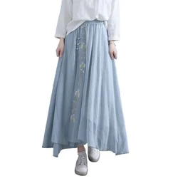 Ethnic Style Embroidered Chiffon Long Skirt for Women Harajuku Vintage Hanfu Skirts Faldas Mujer Elasticity Saias Woman Clothes
