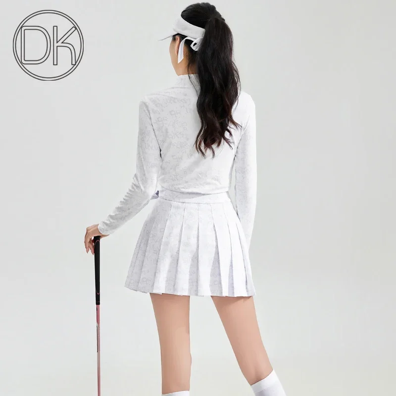 DK-Top feminino golfe manga longa, camisa com gola de botão, saias plissadas bowknot, camisa de cintura alta, saia feminina estampada, início do outono