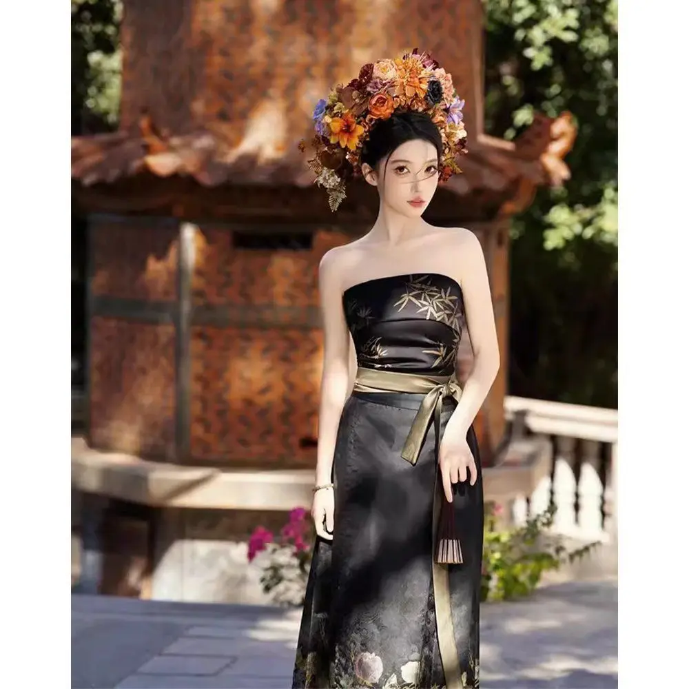 

New Chinese Style Horse Face Skirt Set for Women New Vintage Print Strapless Tube Top Half Long Skirt Hanfu Women Two piece Set
