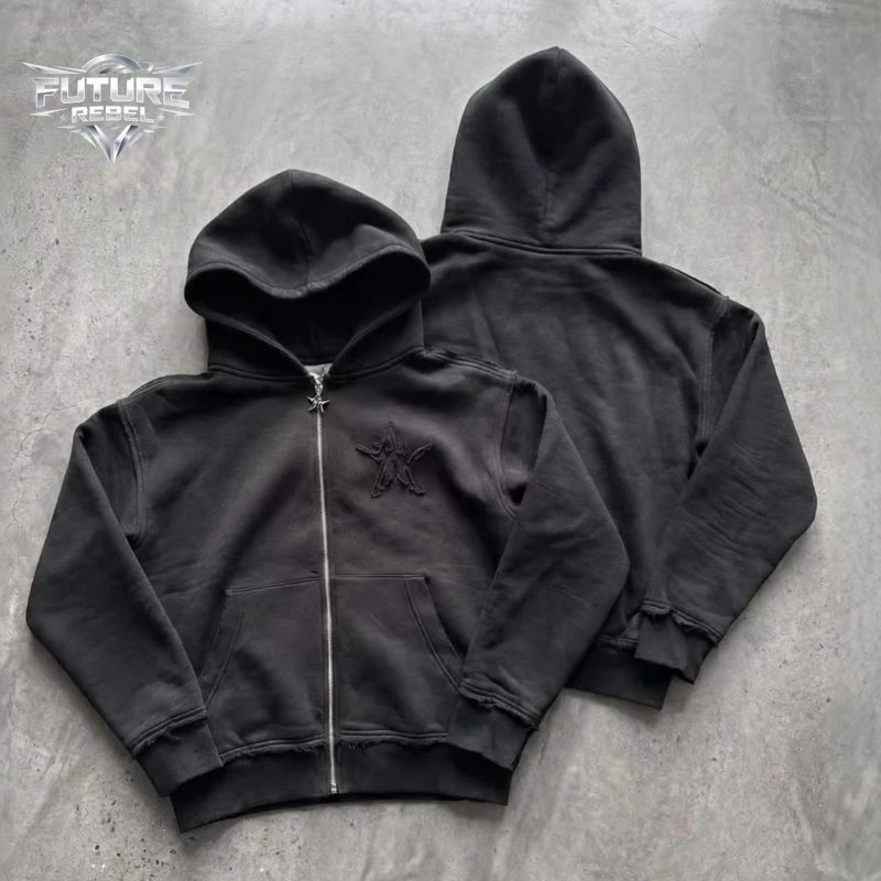 

Mens Hoodie Set Harajuku Dark Streetwear Embroidered Zip Up Hooded Sweatshirt Fake Two Piece Drawstring Pants Loose Fit Unisex