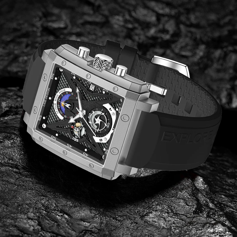 LIGE Top Brand Luxury Men Watch Casual Military Sport Watches For Men Waterproof Square Quartz Chronograph Relogio Masculino+BOX