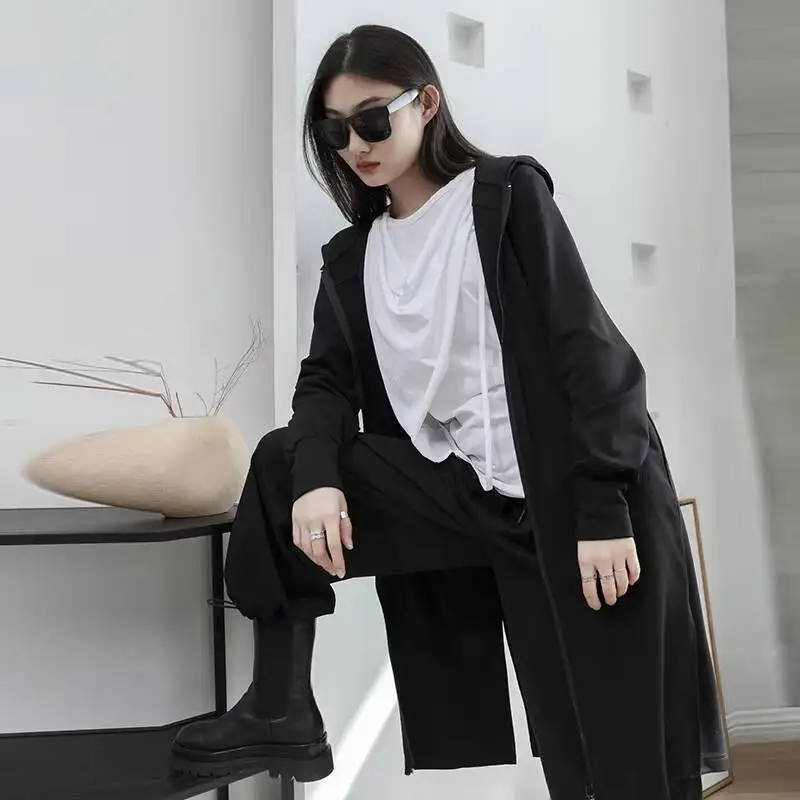 

Ladies Hooded Coat Spring And Autumn Classic Dark Yamamoto Style Leisure Long Large Size Over The Knee Coat