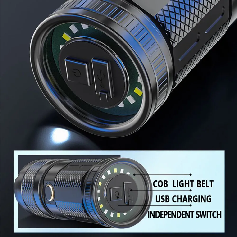 Powerful Long Range LED Flashlight Camping Torch Telescopic Zoom With Tail COB Floodlight Multiple Lighting Modes