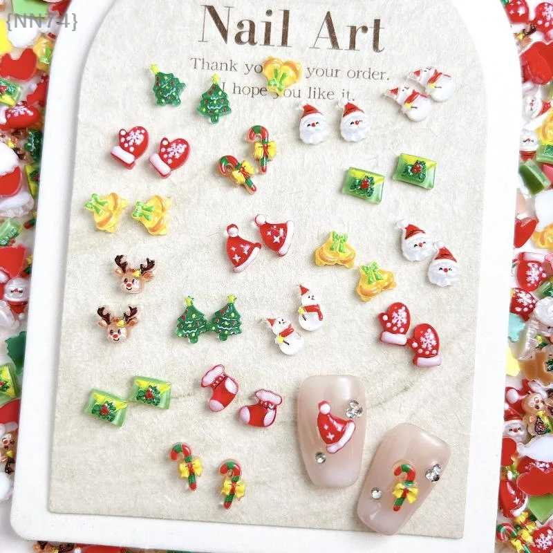 【Não】30 peças de luvas de floco de neve de desenho animado, amuletos de unhas de alce, série translúcida de Natal de Papai Noel para arte de unhas DIY