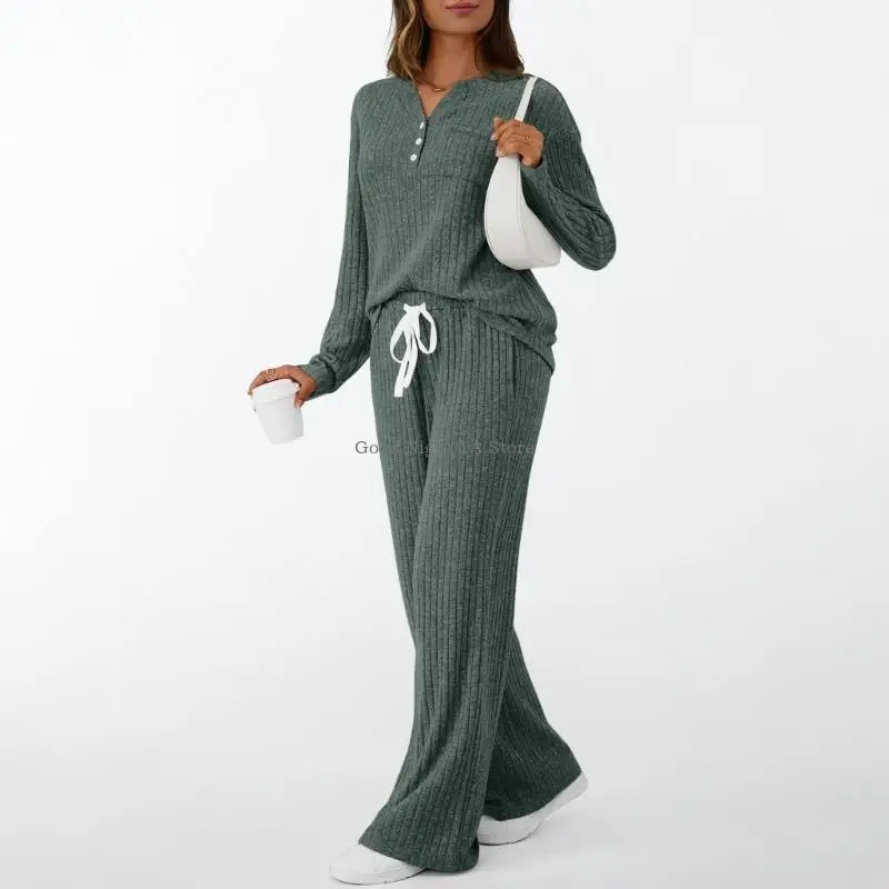 

Женские комплекты для отдыха из 2 предметов, осенние наряды, свитер с воротником на пуговицах, одинаковые спортивные костюмы, с