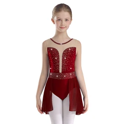 Rhinestone Gymnastics Leotard Dress Figure Skating Dancewear Kids Girls Sheer Mesh Tutu Ballet Lyrical Stage Performance Costume