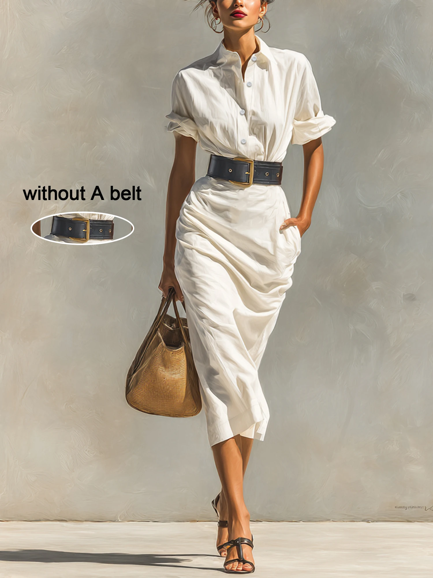 Damen Weißes Hemdkleid mit Knöpfen, Midi-Länge, Kragen, Lässig-Elegantes Büro-Outfit (Gürtel Nicht Enthalten)
