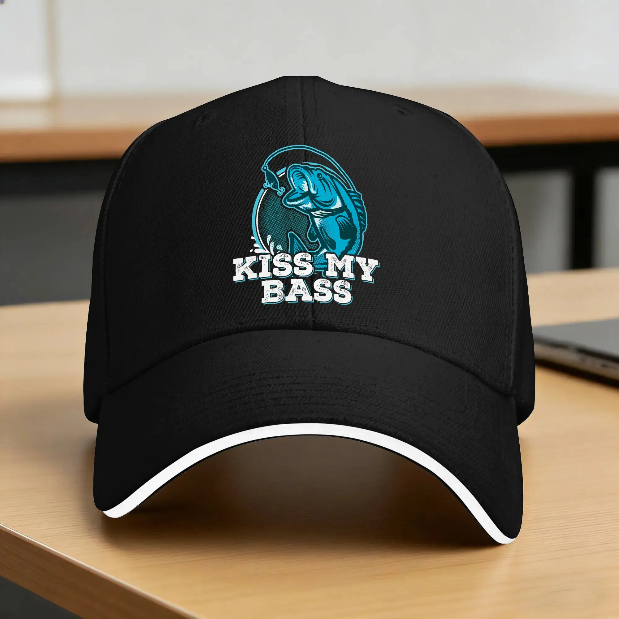 Summer Casual Baseball Cap Kiss My Bass Fishing Illustration Funny Tennis Skate Trucker Hat For Men Women Sun  y2k Baseball Caps