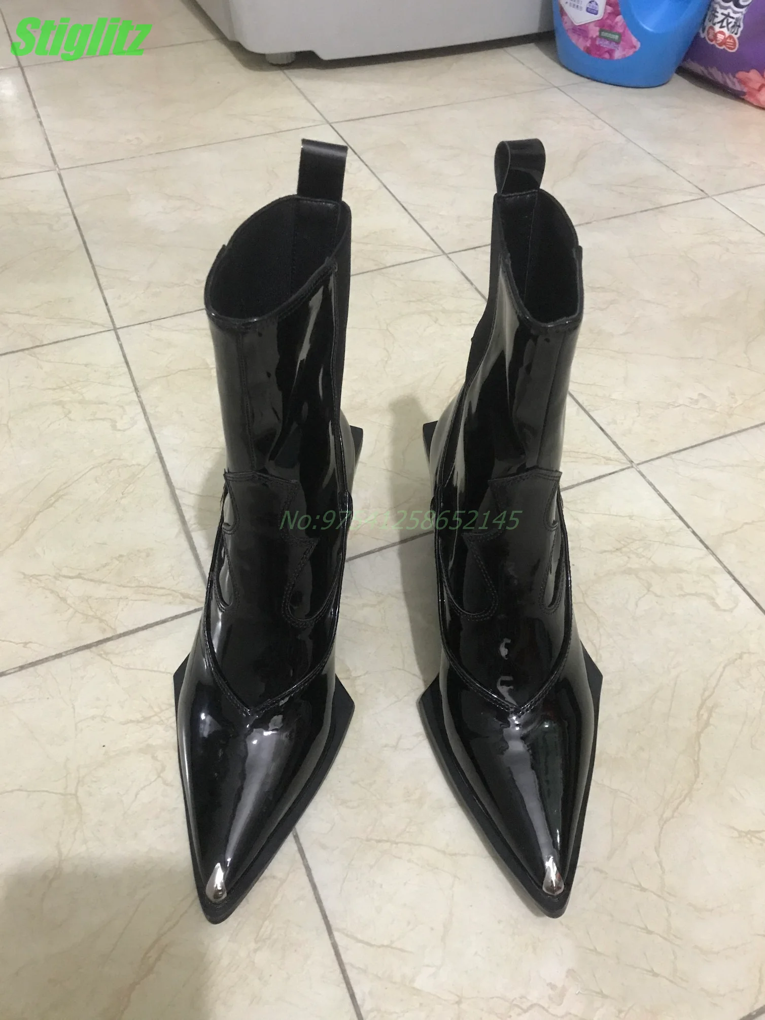 Splicing Solid Chelsea Boots Special Sole Chunky Elastic Band Pointed Toe Fashion Women's Boots Spring Shoes Patent Leather