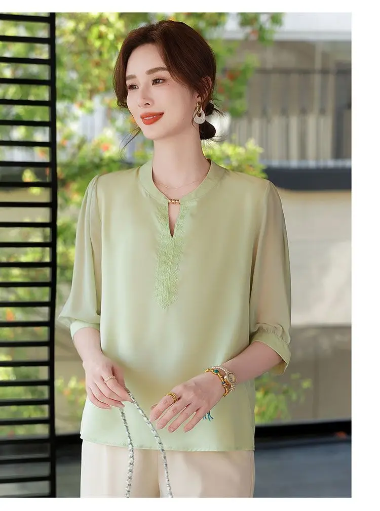 

Women's Light Blue Stand Collar Half-Sleeve Embroidered Chiffon Blouse Elegant Casual Office Top