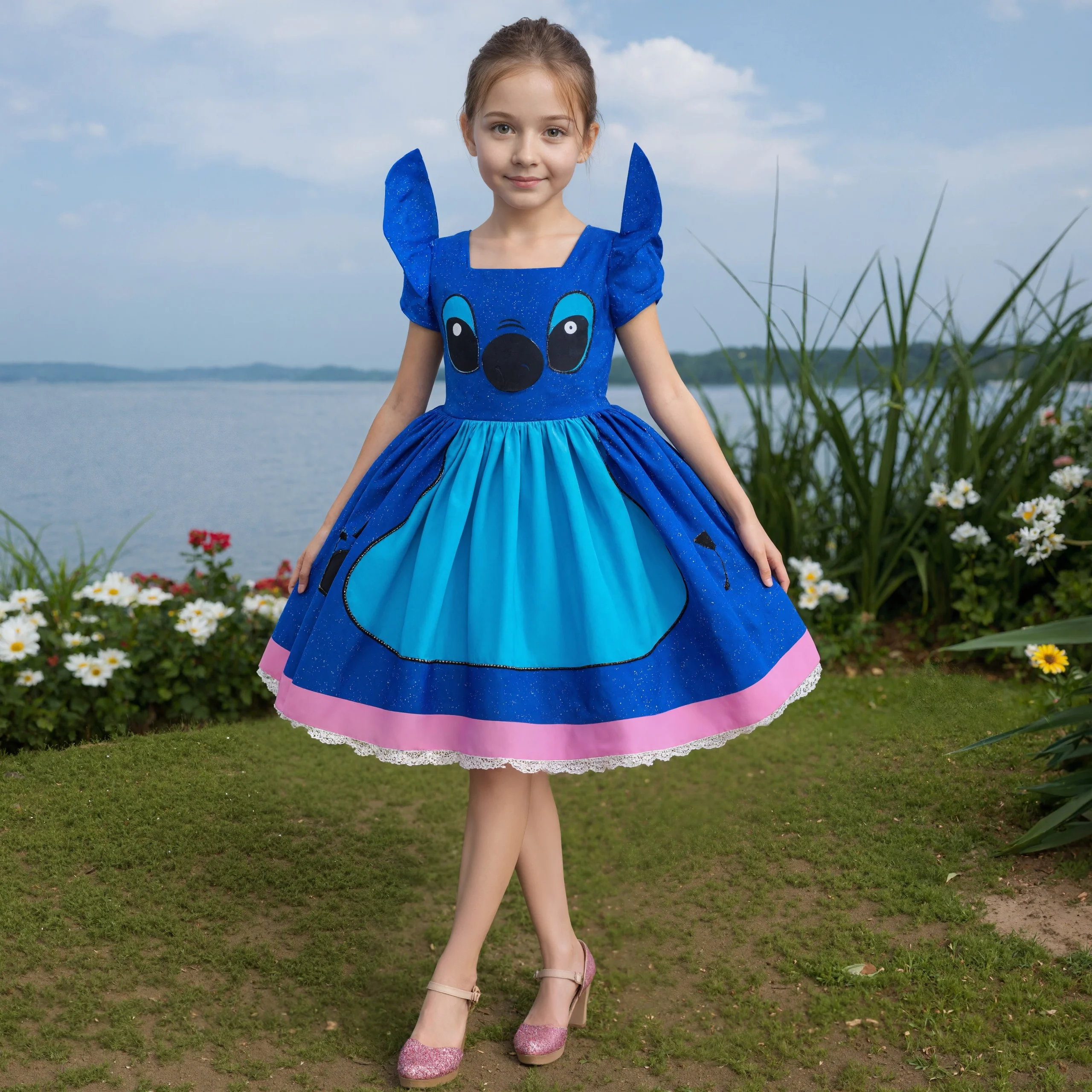 

2025 Halloween Christmas Festive Party Disney Girls Cosplay Stitch Doll Fantasy Blue Cute Short Sleeve Dress + Accessories Set