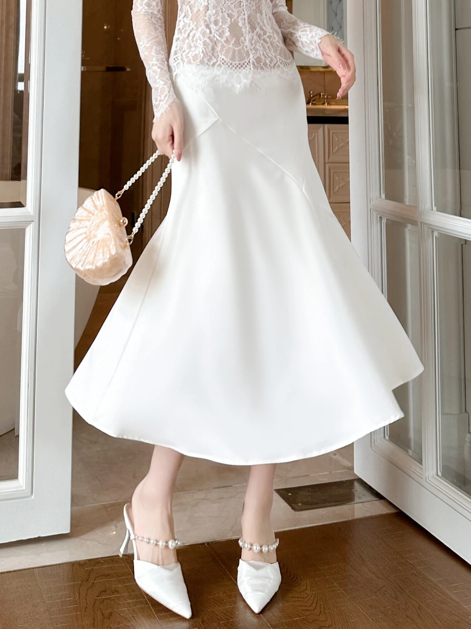 Summer new French style solid color high waist ruffled long skirt design fishtail hip skirt