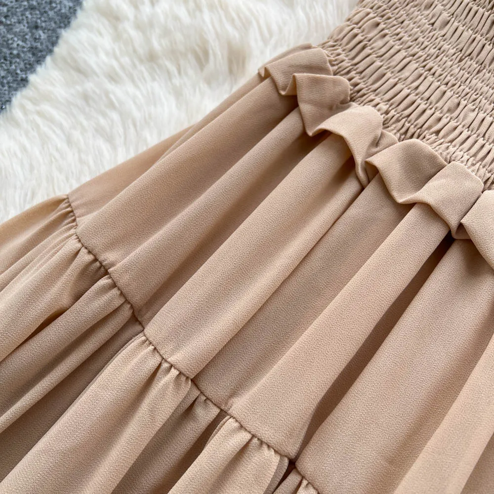 Verão elegante vestido de babados para mulheres em camadas bolo vestidos slash neck boêmio fino chiffon magro vestidos femininos novo em 2025