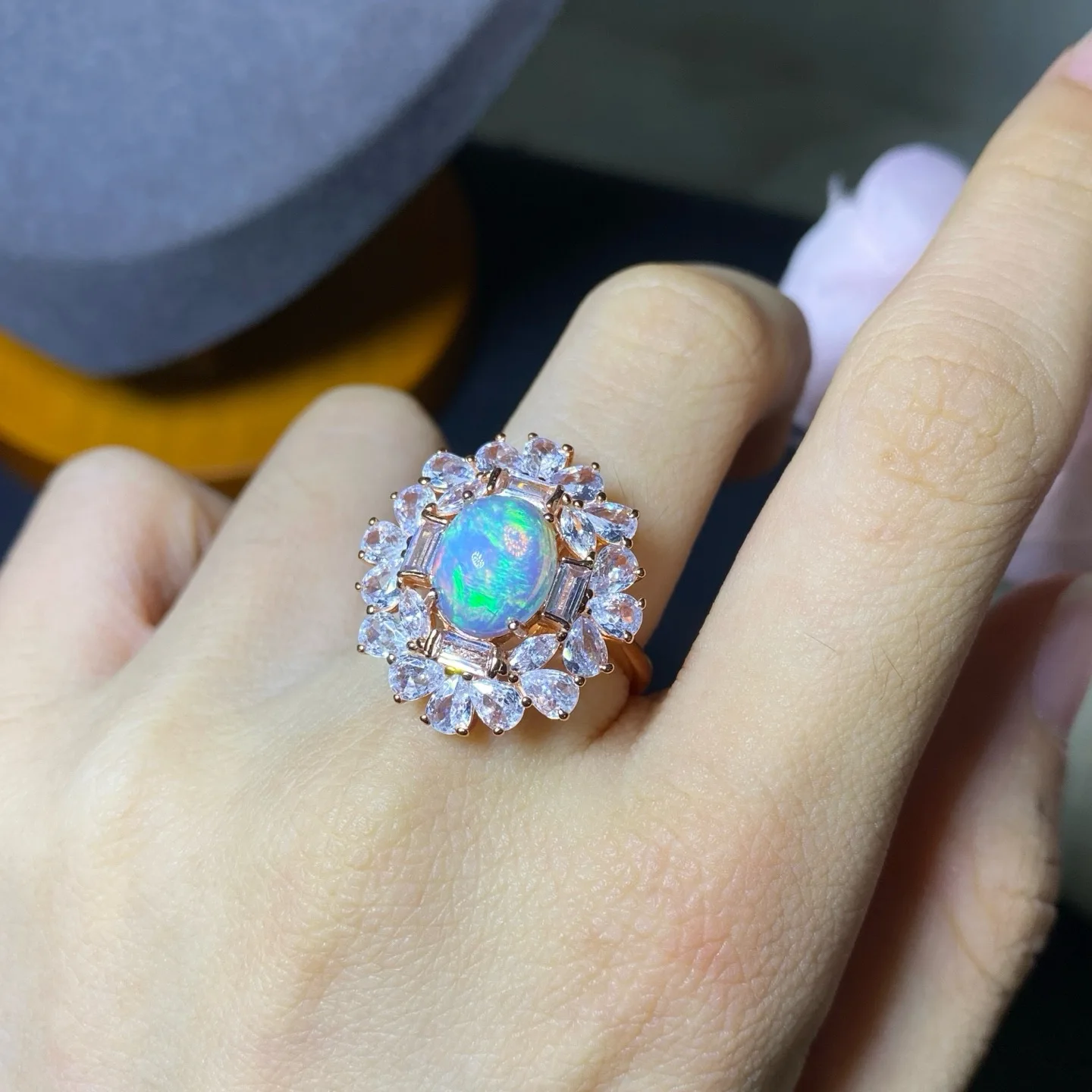 Rose Gold Plated S925 Sterling Silver Natural Opal Ring,8*10mm Oval Gemstone Halo Adjustable Ring Jewelry Gift For Women