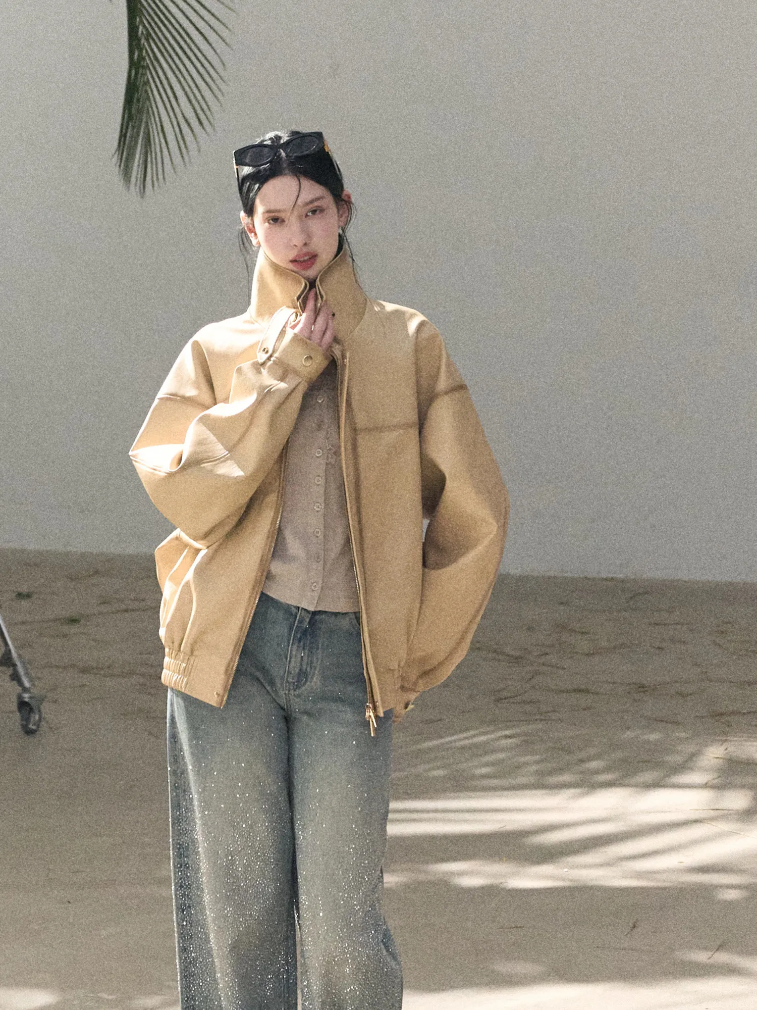 OAKMOO Giacca in Pelle da Donna Primaverile, Modello Miation Heavy Work, Vestibilità Ampia, Lunghezza Media, con Doppio Colletto e Cerniera