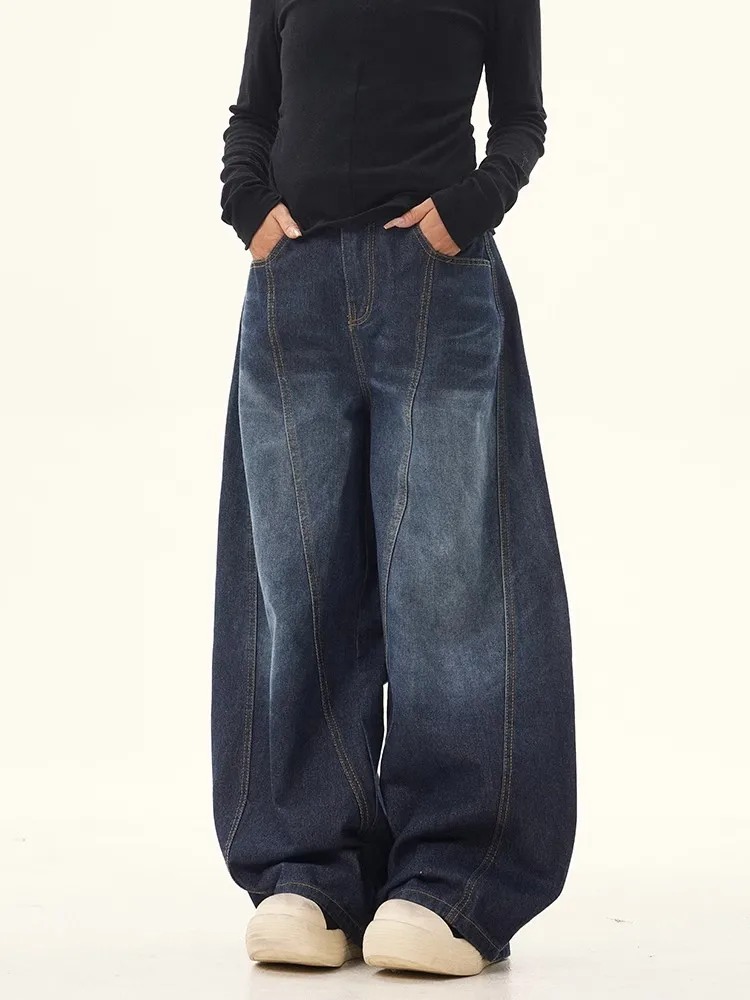 Women's Embroidered Wide Leg Jeans American Retro Washed Jeans Female Denim Trousers  Patchwork Casual Jeans