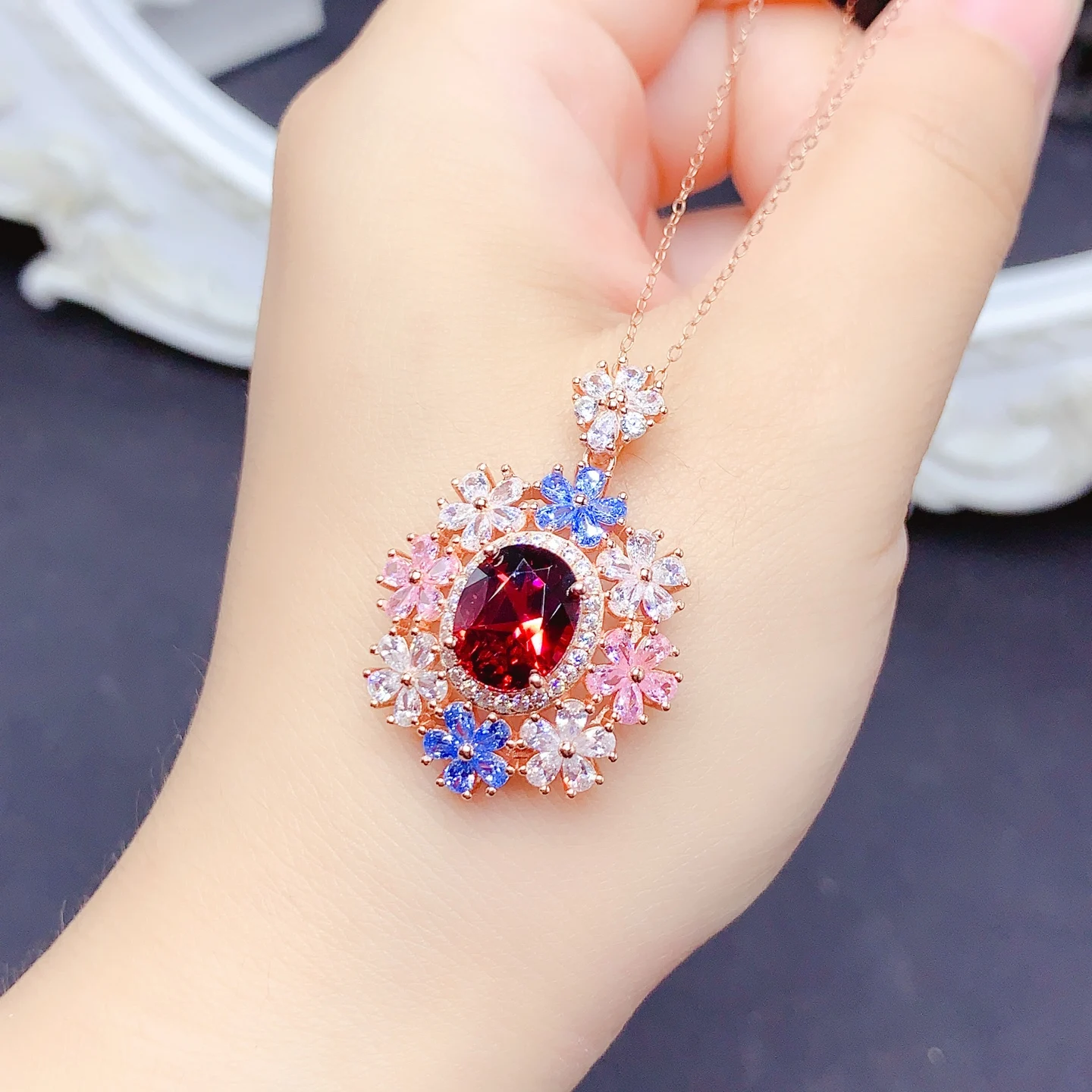 925 Silver Natural Garnet Pendant with Certificate 8x10mm Genuine Garnet Fine Jewelry 18K Gold Plated Silver Gemstone Necklace