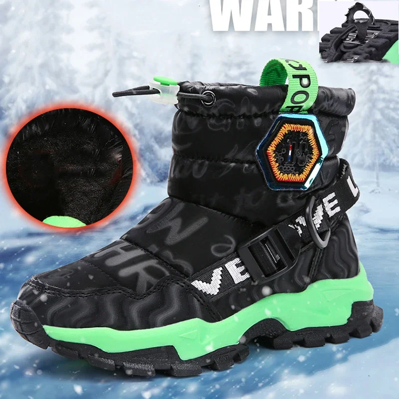 2025 inverno pele quente neve caminhadas botas crianças preto peludo sapatos meninos antiderrapante à prova dwaterproof água crianças calçados