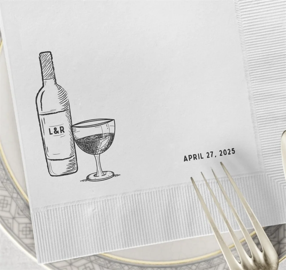 50PCS Customised Wine Bottle White Napkins, Personalisation Cocktail Napkin for Wedding and Birthday Special Occassion, Cocktail