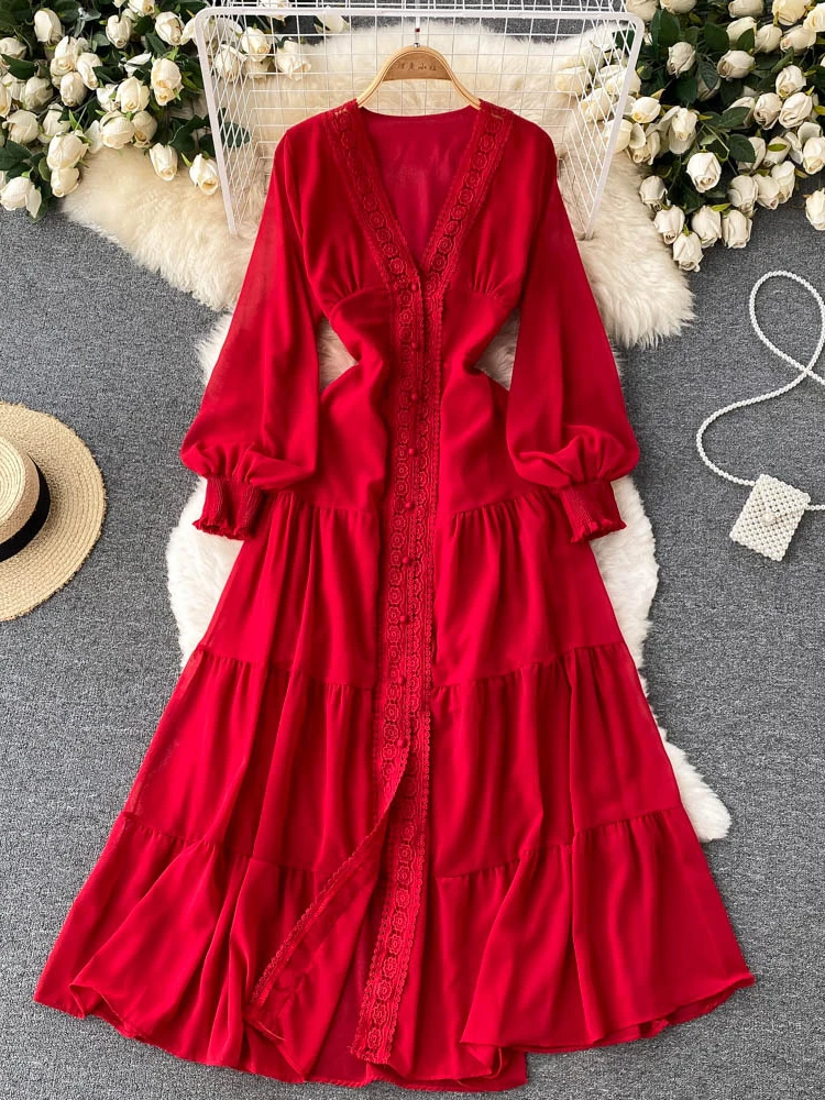 French Vintage Ethnic Style Beach Vacation Party A-line Dress Spring V-neck Lantern Sleeves High Waist Lace Robe Vestidos