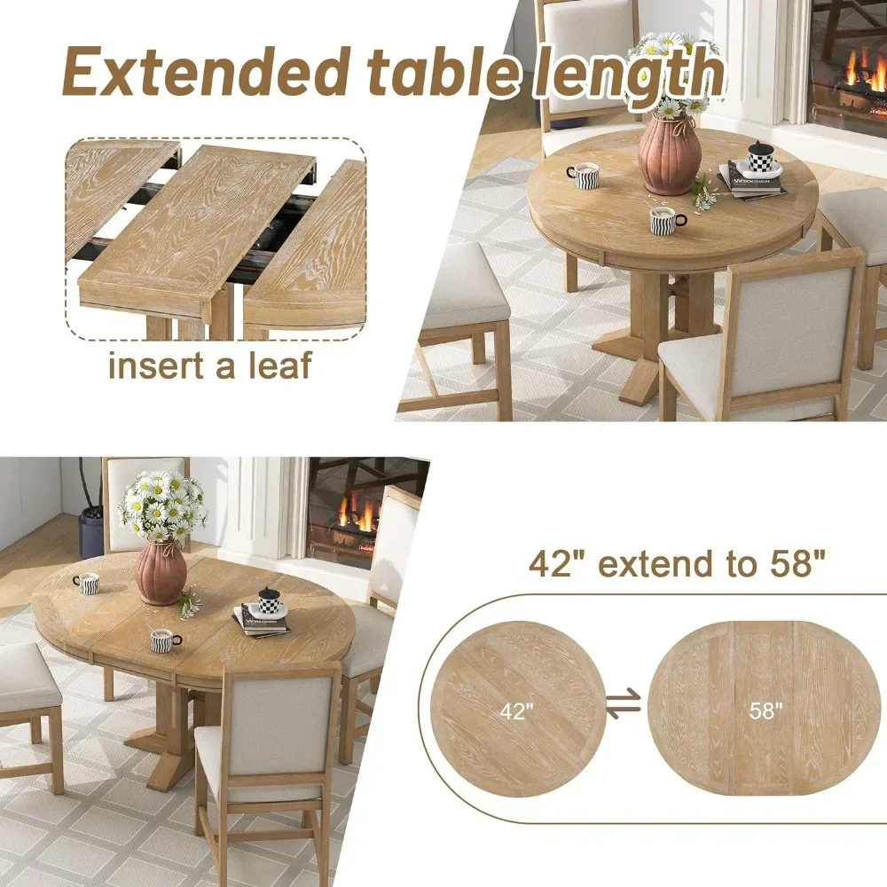Dining Table Set for 4, 5-Piece Wood Round Extendable Table and 4 Upholstered Dining Chairs with Backrest, Kitchen Table Set