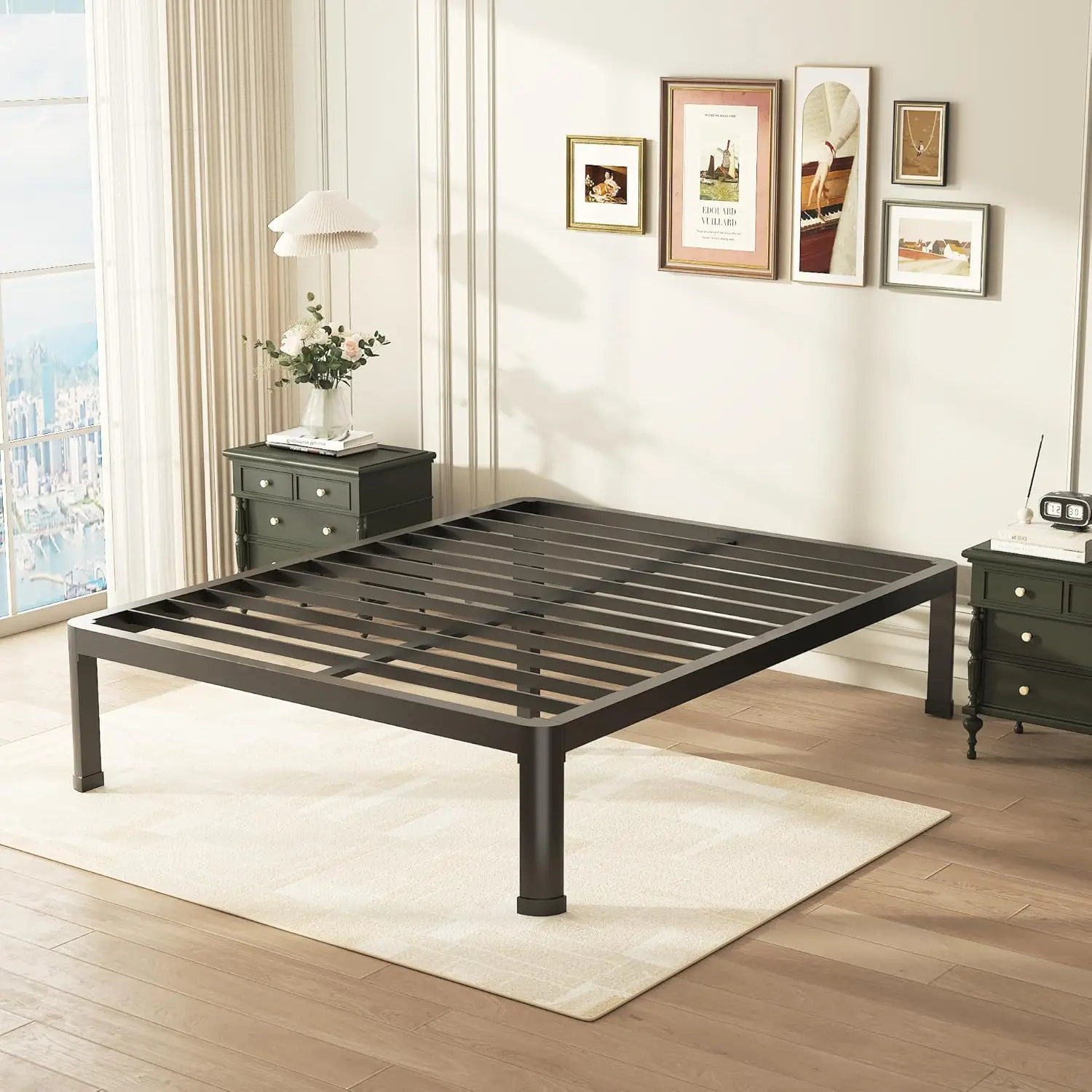 Full Bed Frame With Round Corner Edge Legs, 14 Inch Heavy Duty Support 3500 Lbs Metal Platform Bed Frame Full Size, No Box