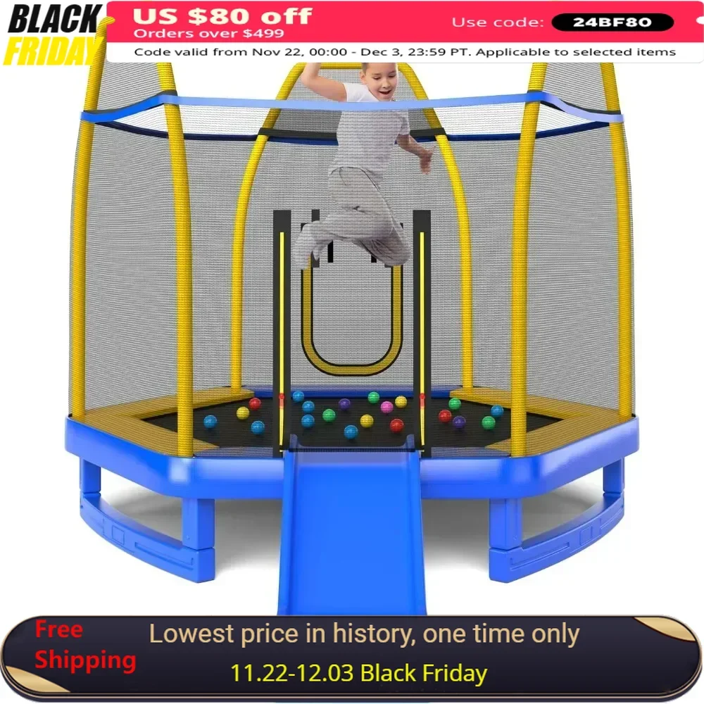 

7FT Trampoline with Slide, Ladder, Ocean Balls & Mats, Small Indoor/Outdoor Toddler Recreational Trampoline with Enclosure Net