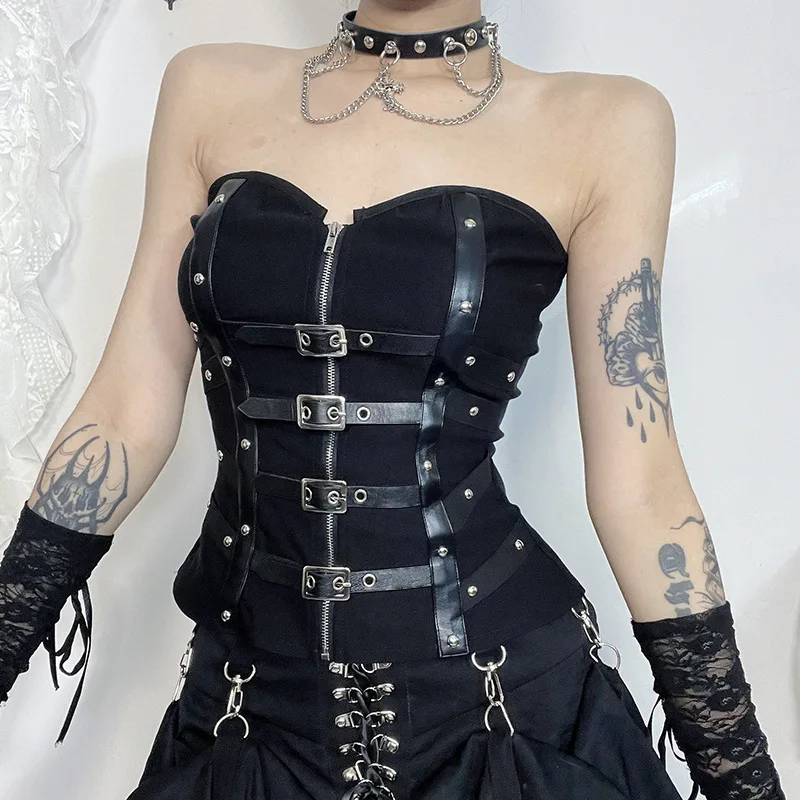 

Y2k Punk Goth Crop Top Youthful Women Emo Black Zip Up Sleeveless Tank Tops Female Clothes Sexy Fishbone Corset Leather Buckle