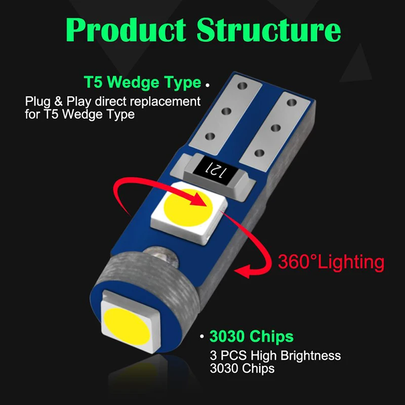 Bombilla LED T5 para instrumentos de coche, lámpara de W3W, W1.2W, 12V, luces Canbus para Interior de coche, lámpara de calentamiento, indicador de