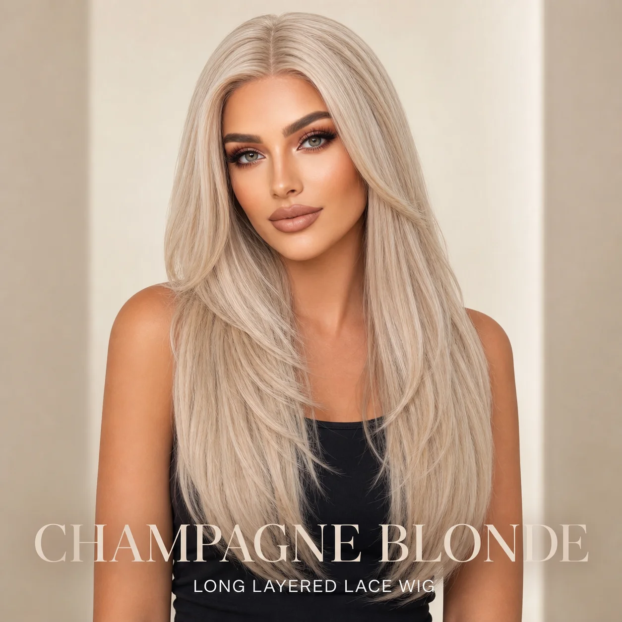 13x6 Lace Frontal Champagne Blonde Long Layered Wig for Women Middle Part Straight Hair Face Framing Natural Look