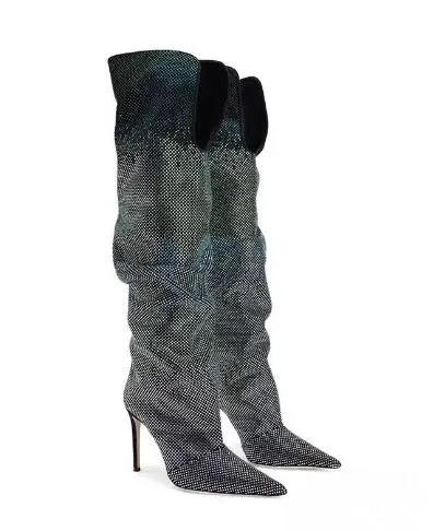 Bling Black Full Bling Crystal Rhinestone Drill Gradient Knee High Boots Women Pointed Toe Thin Heels Pleated V-neck Boots Shoes