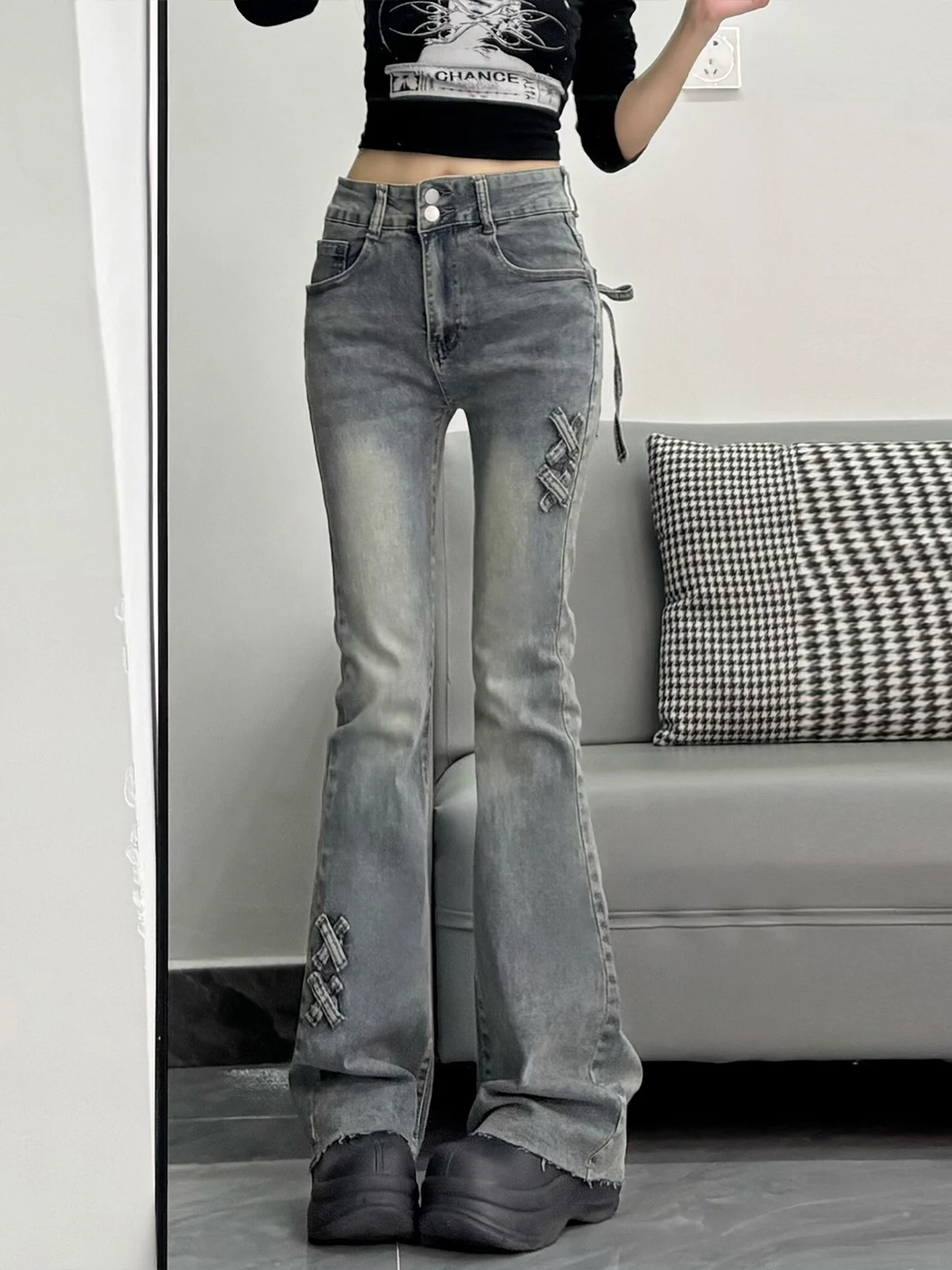 Damskie jeansy w stylu retro, wyszczuplające, z podwójnym wiązaniem, z wysokim stanem, elastyczne, rozszerzane, długie do podłogi.