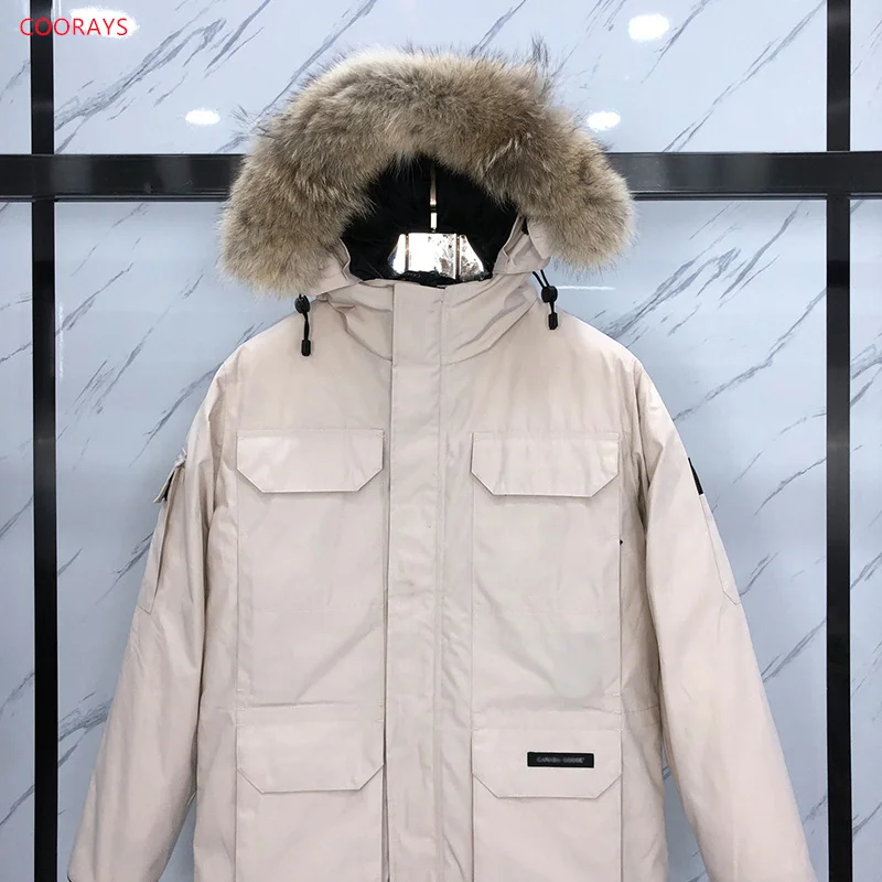 08-Chaqueta de plumón de ganso blanco para hombre, Parka cálida, impermeable, con capucha de piel de Coyote, 90%