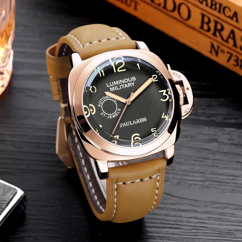 ساعة أوتوماتيكية للرجال حركة ميكانيكية جلد بني أصفر أخضر مضيء فاخر ذهبي وردي عسكري
