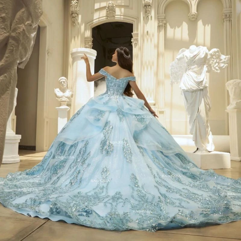 Sky Blue Shiny Ball Gowns Quinceanera Dresses Girls Sweetheart Sequin Appliques Lace Beads Tull Lacing up Vestido De 15 Anos