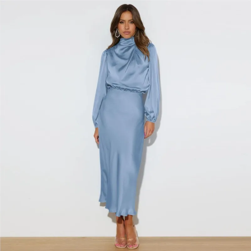 Design francês halter pescoço vestido outono feminino cetim droop vestidos de noite elegante sexy feminino cor sólida vestidos de dama de honra