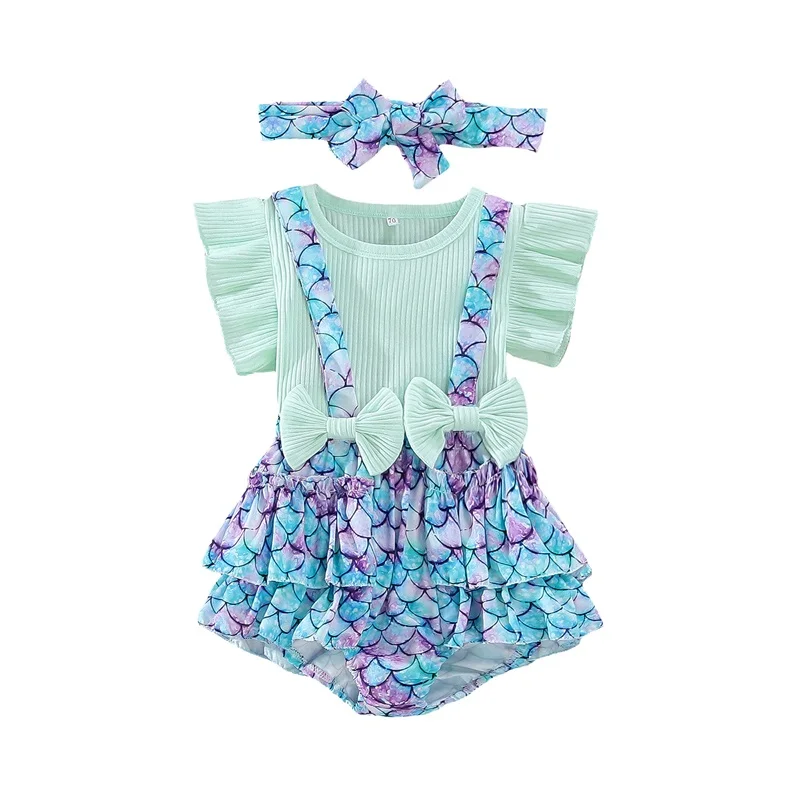 Baby Girl Mermaid Birthday Outfit Ribbed Short Sleeve T-shirt Ruffle Cuffs Suspender Shorts Headband 3Pcs Matching Sets