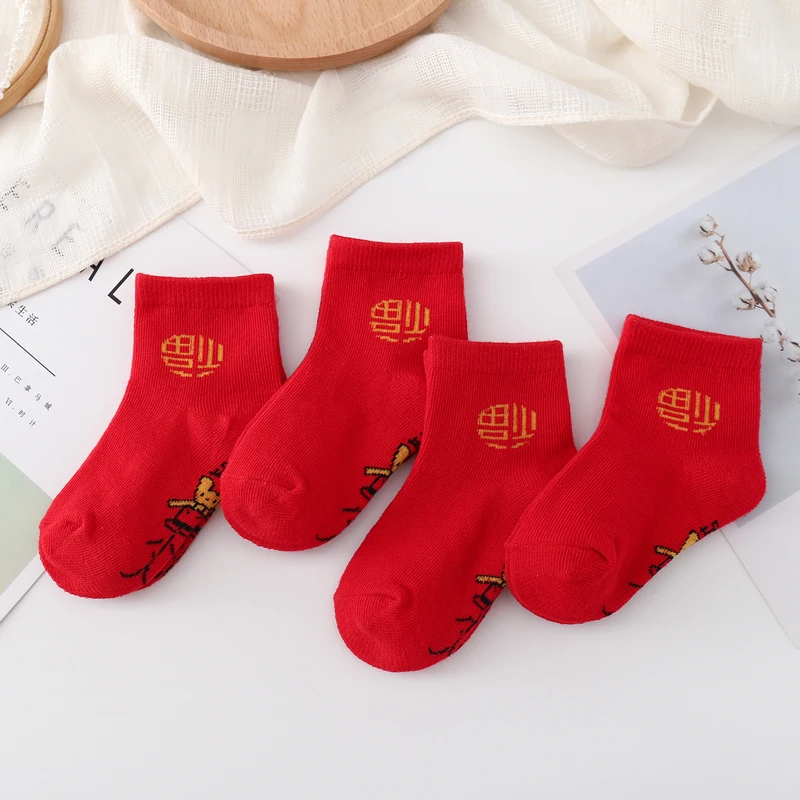 4Pairs/lot Chinese New Year Baby Boys Girls Socks  Red Cotton Socks Newborn Kids Children Socks